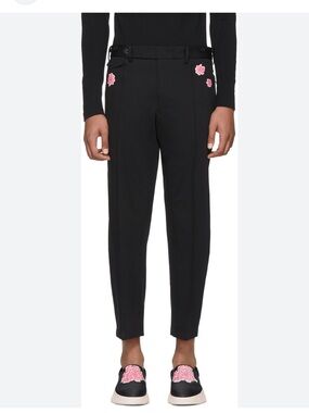 Y-3 Adidas Black James Harden Cropped Slim Trousers Pink Floral Applique